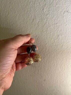 Gold Filigree Drop Earrings with Gray Bead